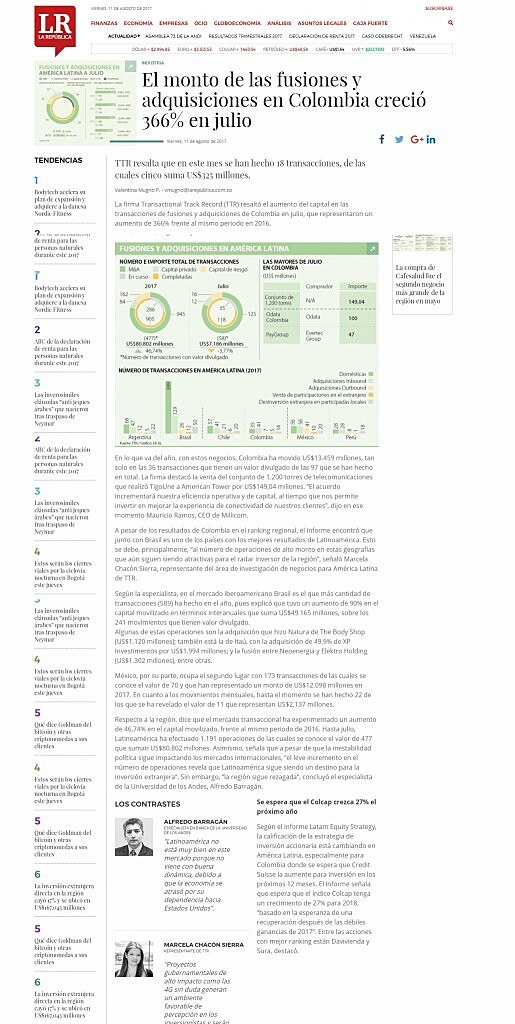 El monto de las fusiones y adquisiciones en Colombia creci 366% en julio